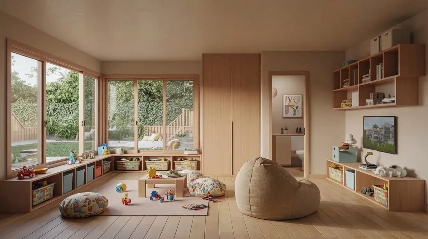 playroom with flexible storage, durable flooring, natural light, and nearby half bathroom for convenience