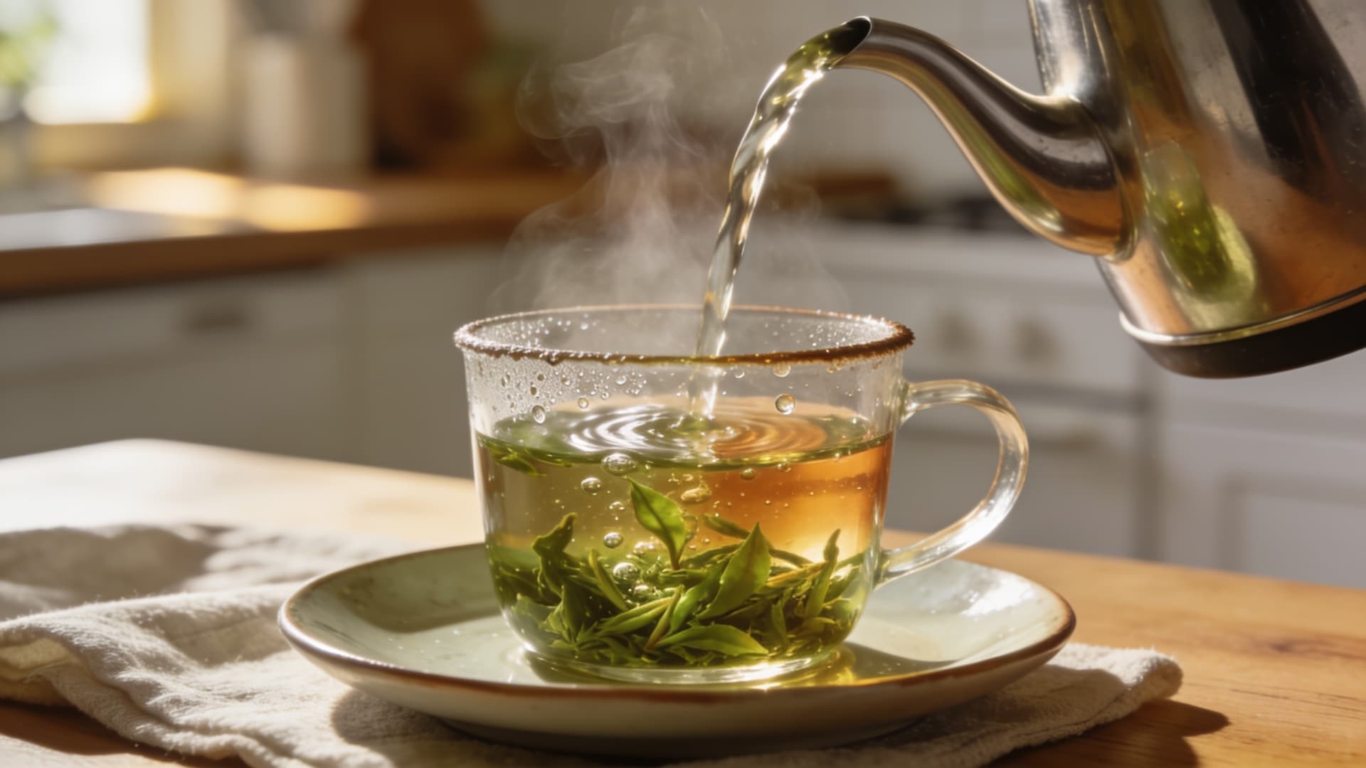 pouring hot water over green tea leaves to begin natural flavor extraction process