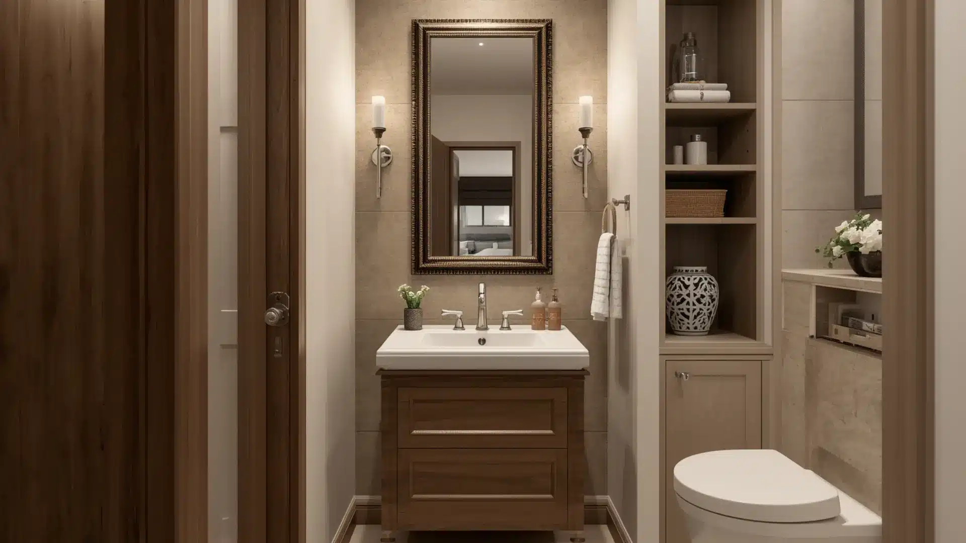 powder bathroom with compact vanity, statement mirror, elegant wall treatment, warm lighting, simple storage, stylish but uncluttered layout