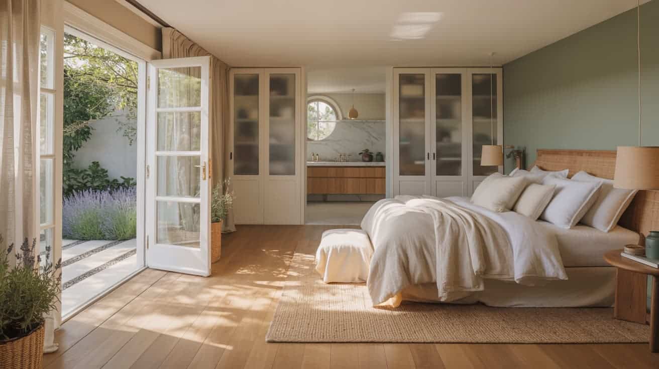 primary bedroom suite with generous closets, ensuite, private garden access, and natural light