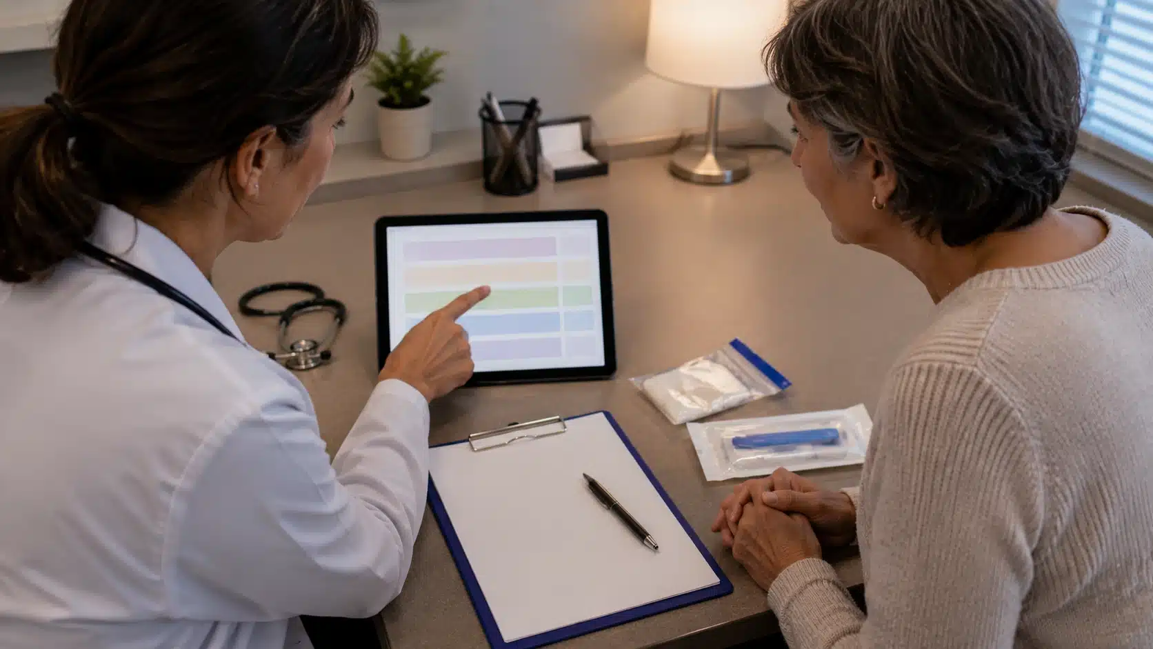 provider explaining preventive screening options with blank chart and lab supplies in clinic
