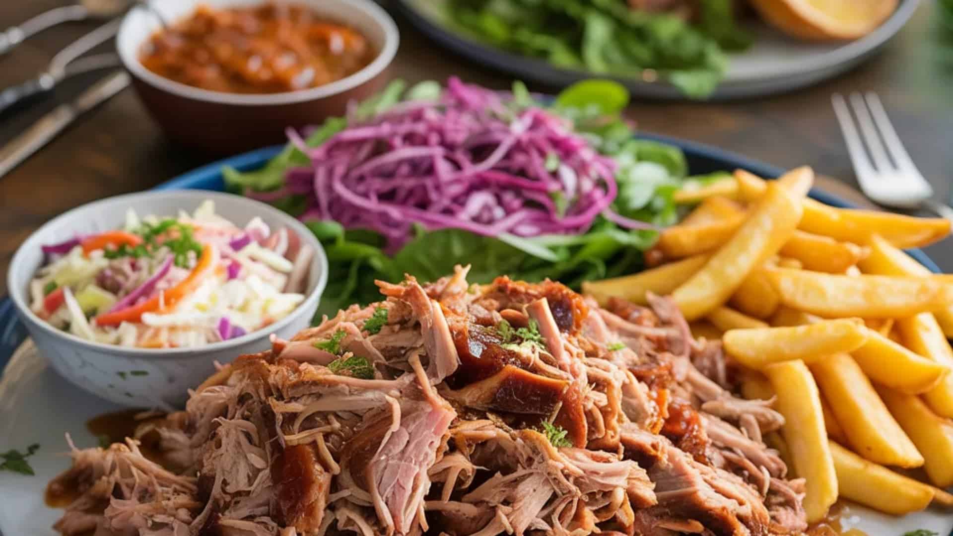 pulled pork served at a family barbecue, paired with slaw and sides showcasing its flavor, versatility, and ease of preparation