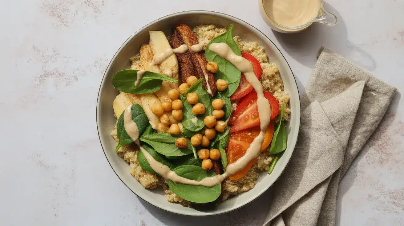 quinoa veggie bowl with roasted vegetables, chickpeas, spinach, and tahini drizzle, styled in a simple, clean bowl (1)