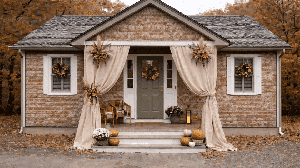raw linen draped around a front door frame with dried pampas amaranth thistle and peacock feathers bursting from every fold.