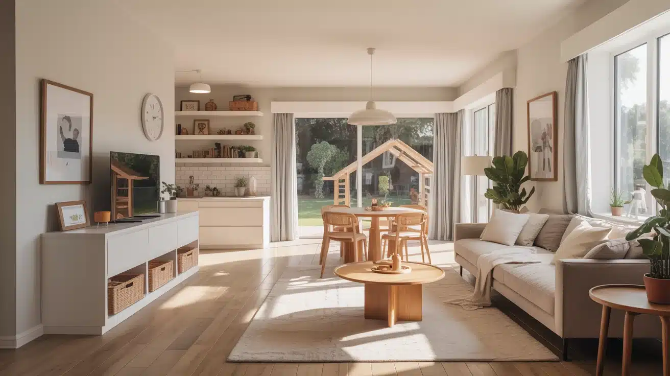 realistic 3-bedroom family home with spacious living areas, playroom, and multiple bathrooms