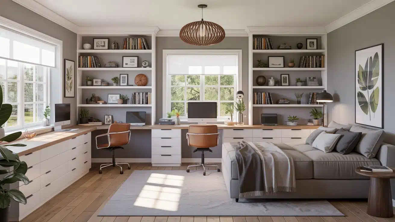 realistic 3-bedroom home with a home office, built-in shelving, and large windows for natural light