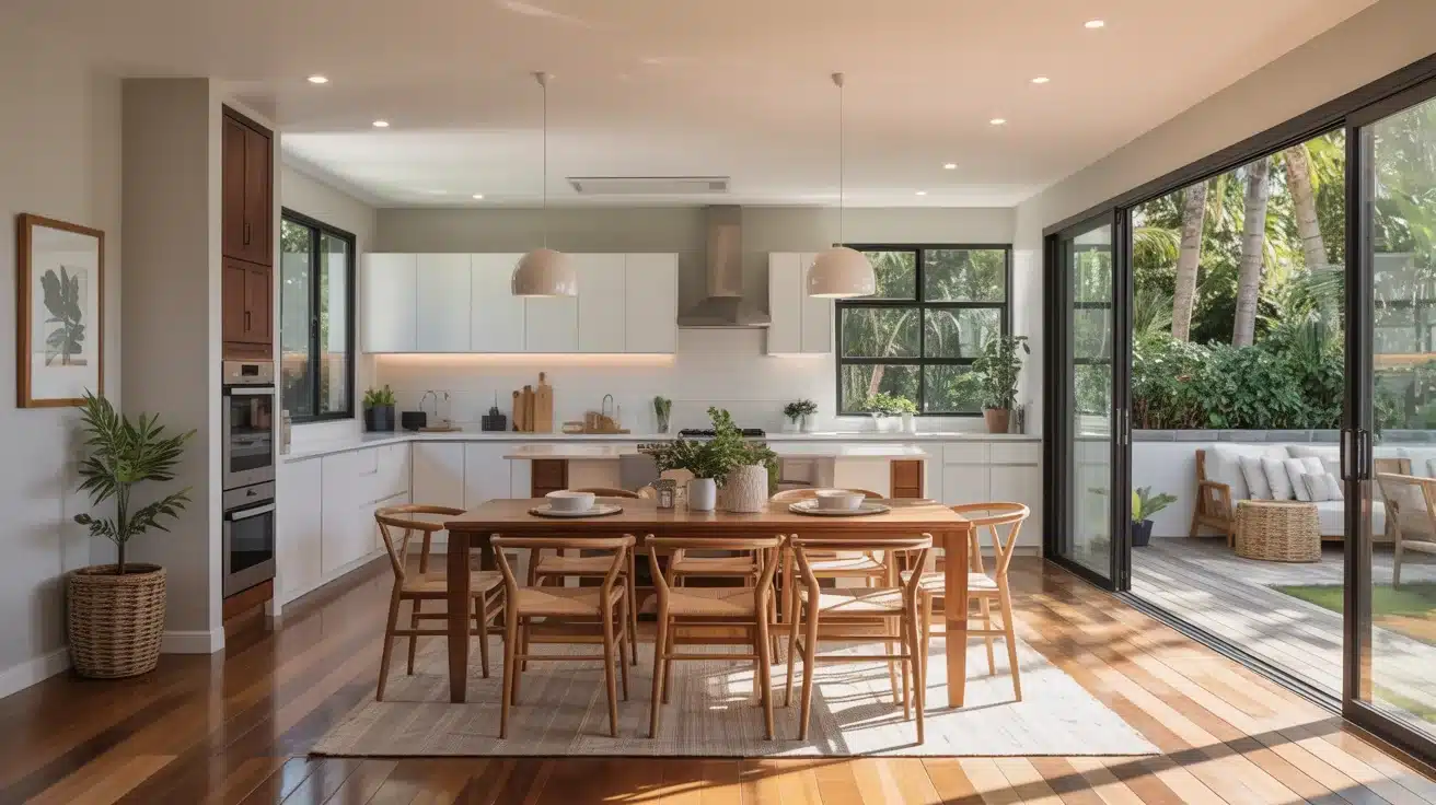 realistic 3-bedroom home with open-concept kitchen, dining, and living areas, perfect for hosting with outdoor deck access