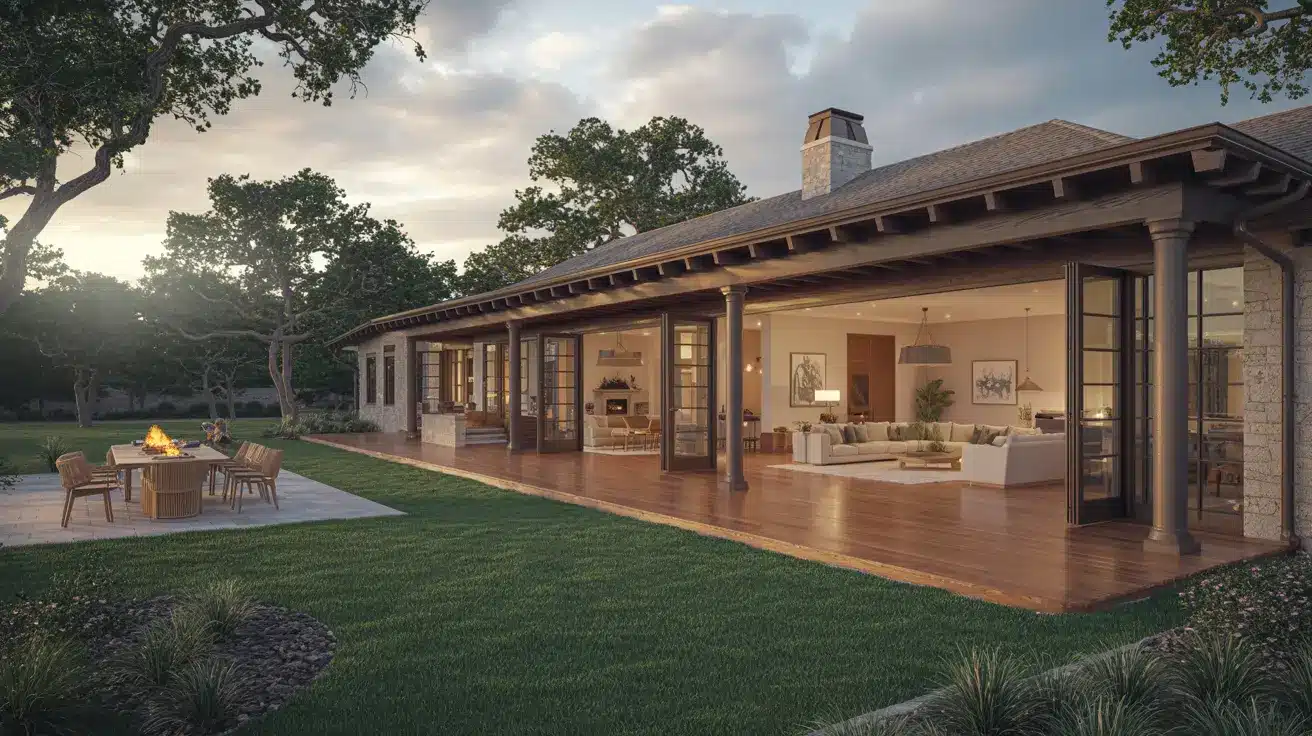 realistic 3-bedroom house with expansive outdoor space, including large patios, wraparound porch, garden, and lawn