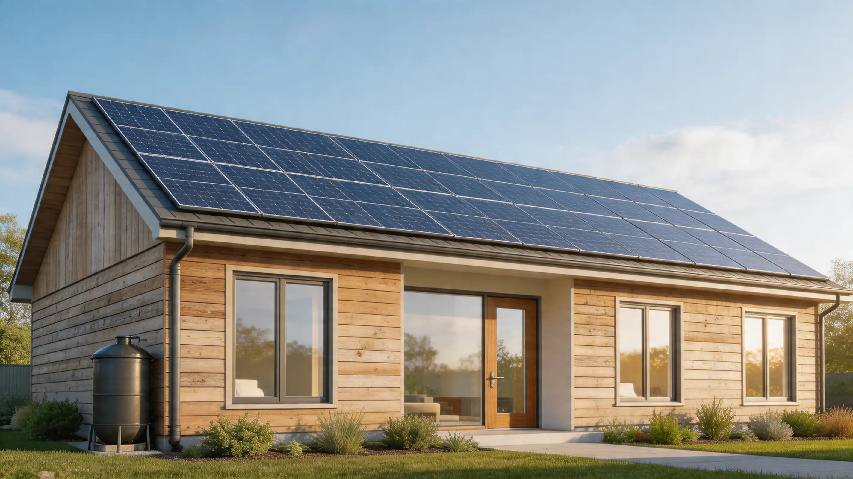 realistic eco-friendly 3-bedroom house with solar panels, sustainable materials, and natural lighting