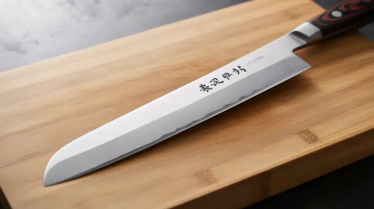 realistic kitchen setup showcasing a Takobiki knife on a bamboo cutting board, emphasizing the long, flat blade with squared tip (1)