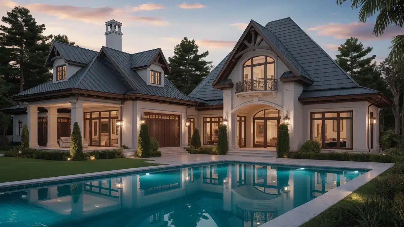 realistic luxurious 3-bedroom house with oversized master suites, premium kitchen, and home theater