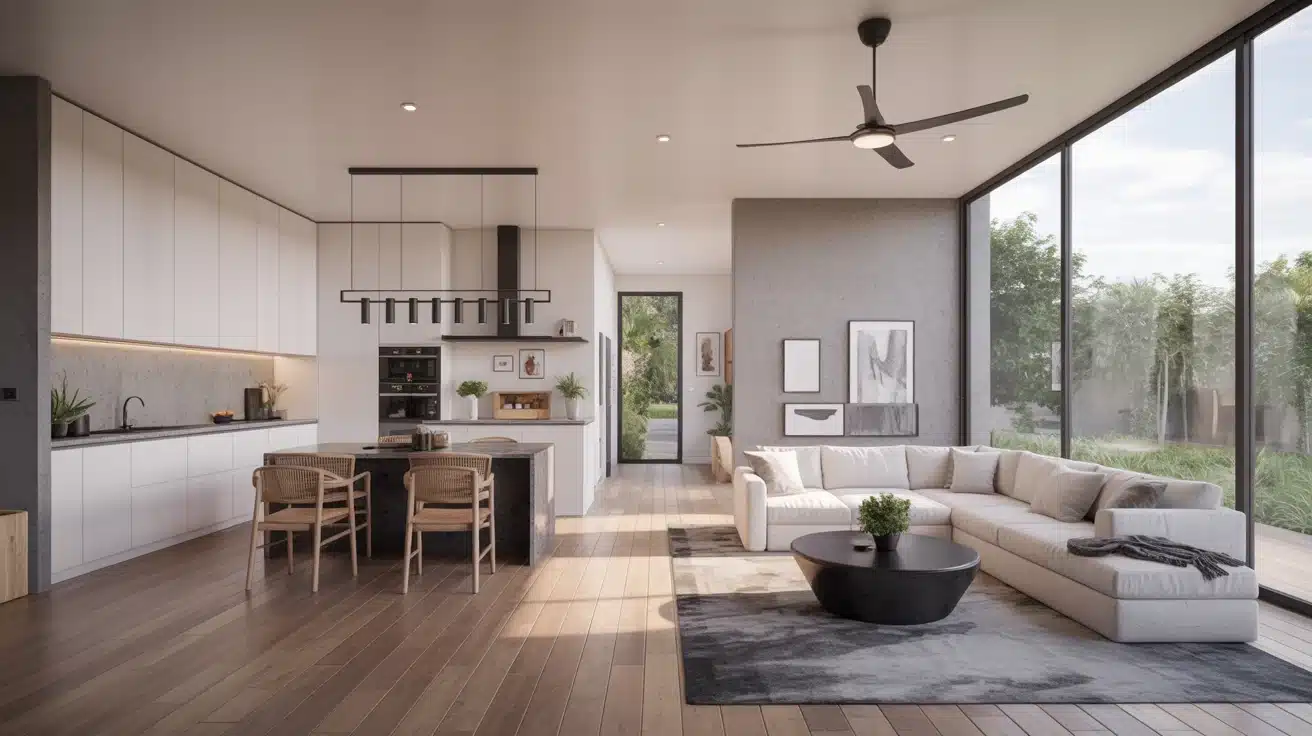 realistic modern 3-bedroom house with open floor plan and large windows for seamless living spaces