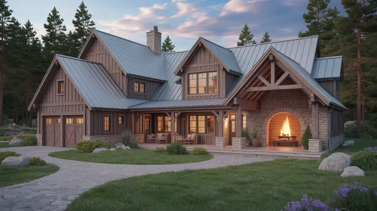 realistic rustic 3-bedroom house with wooden beams, stone facades, and a cozy fireplace