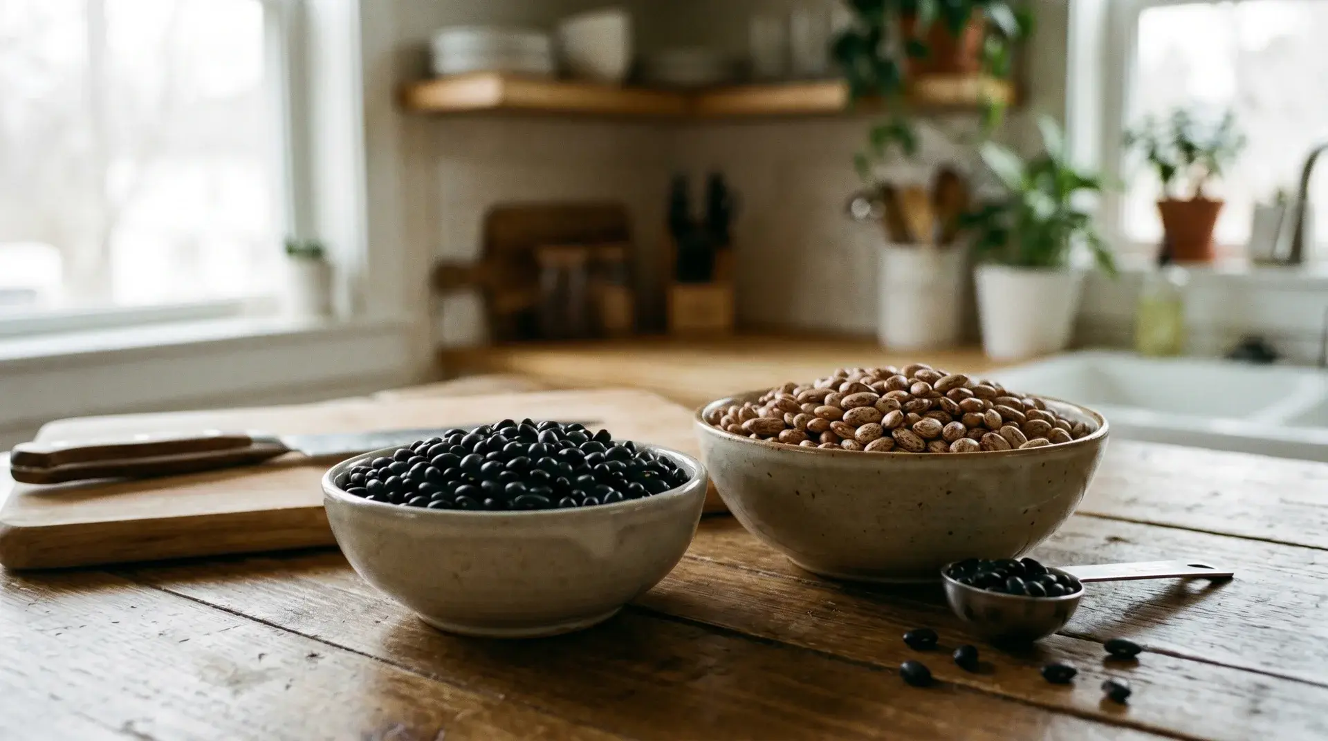 realistic shot of black beans and pinto beans in bowls, highlighting their differences and textures in soft natural light (1)