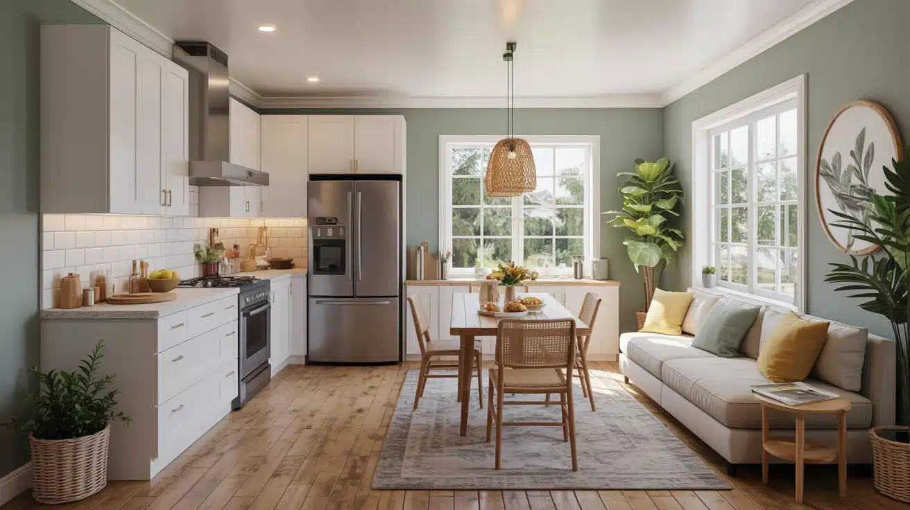 realistic single-story 3-bedroom home with a spacious kitchen, cozy bedrooms, and organized storage