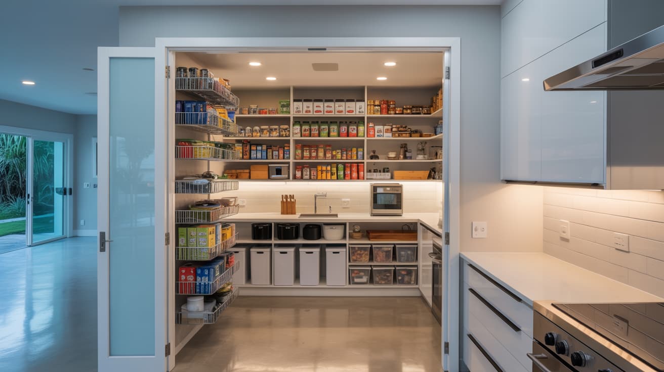 rear kitchen with walk-in pantry featuring adjustable shelves, prep counter, and good lighting (1)