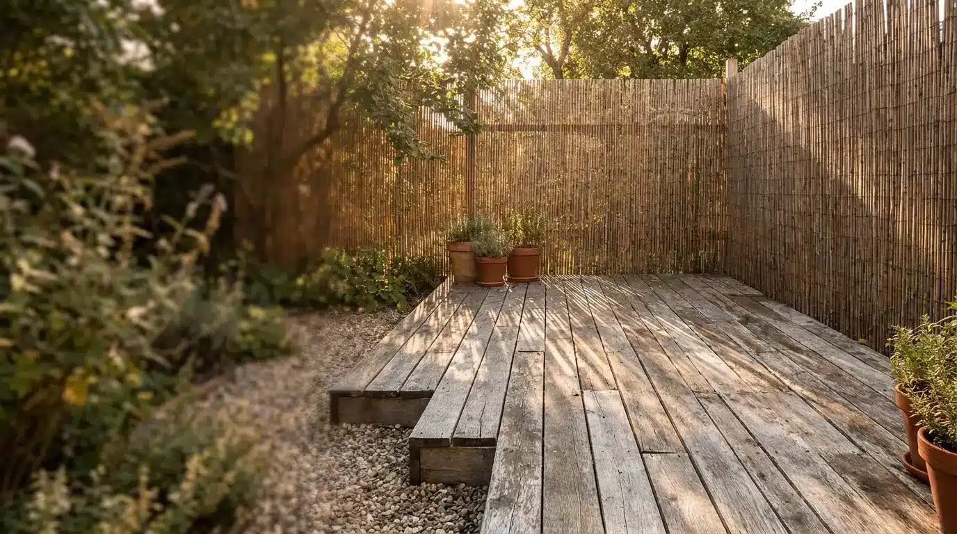 Wooden deck with potted plants and bamboo fence in a sunny garden setting