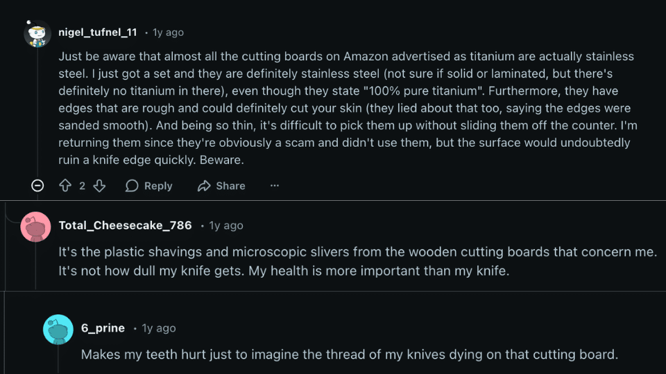 reddit comments discussing titanium cutting board pros and cons including fake boards and knife wear concerns
