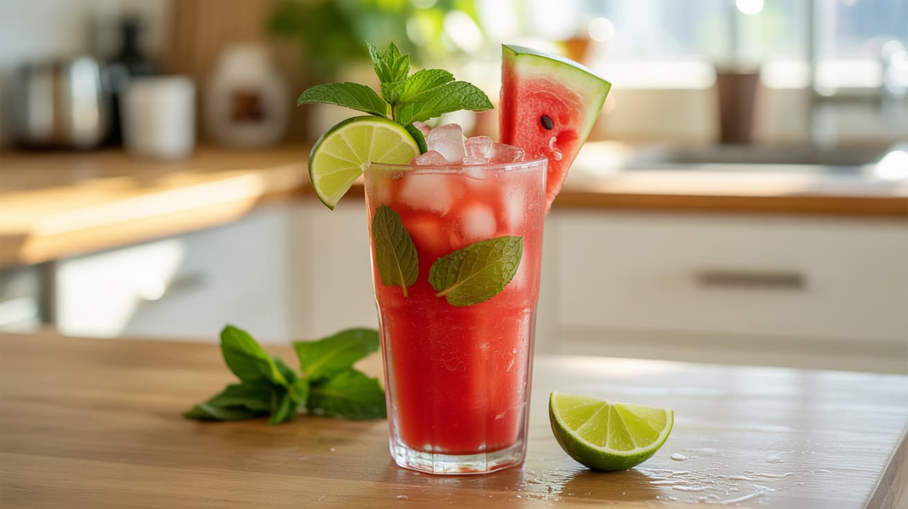 refreshing watermelon and mint liver flush served over ice with lime wedges and mint leaves