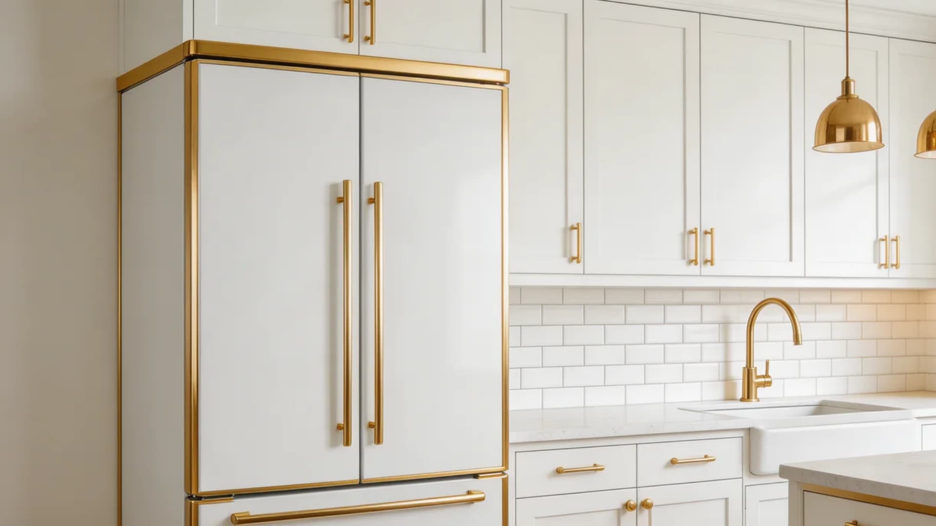 refrigerator with gold trim can be a striking addition to your white and gold kitchen gold accents create a stylish contrast with the white fridge, giving it a high-end, sophisticated look