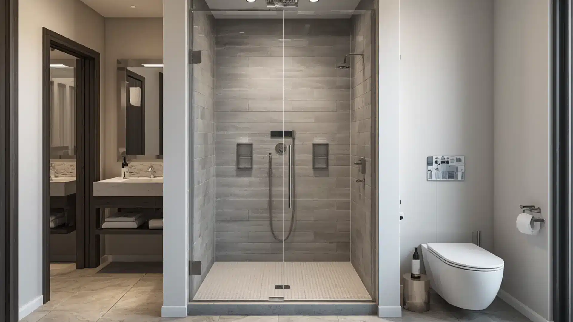 remodel with a modern walk-in shower, clear glass panel, low curb, continuous floor tile, sleek fixtures, clean neutral palette, open and spacious feeling