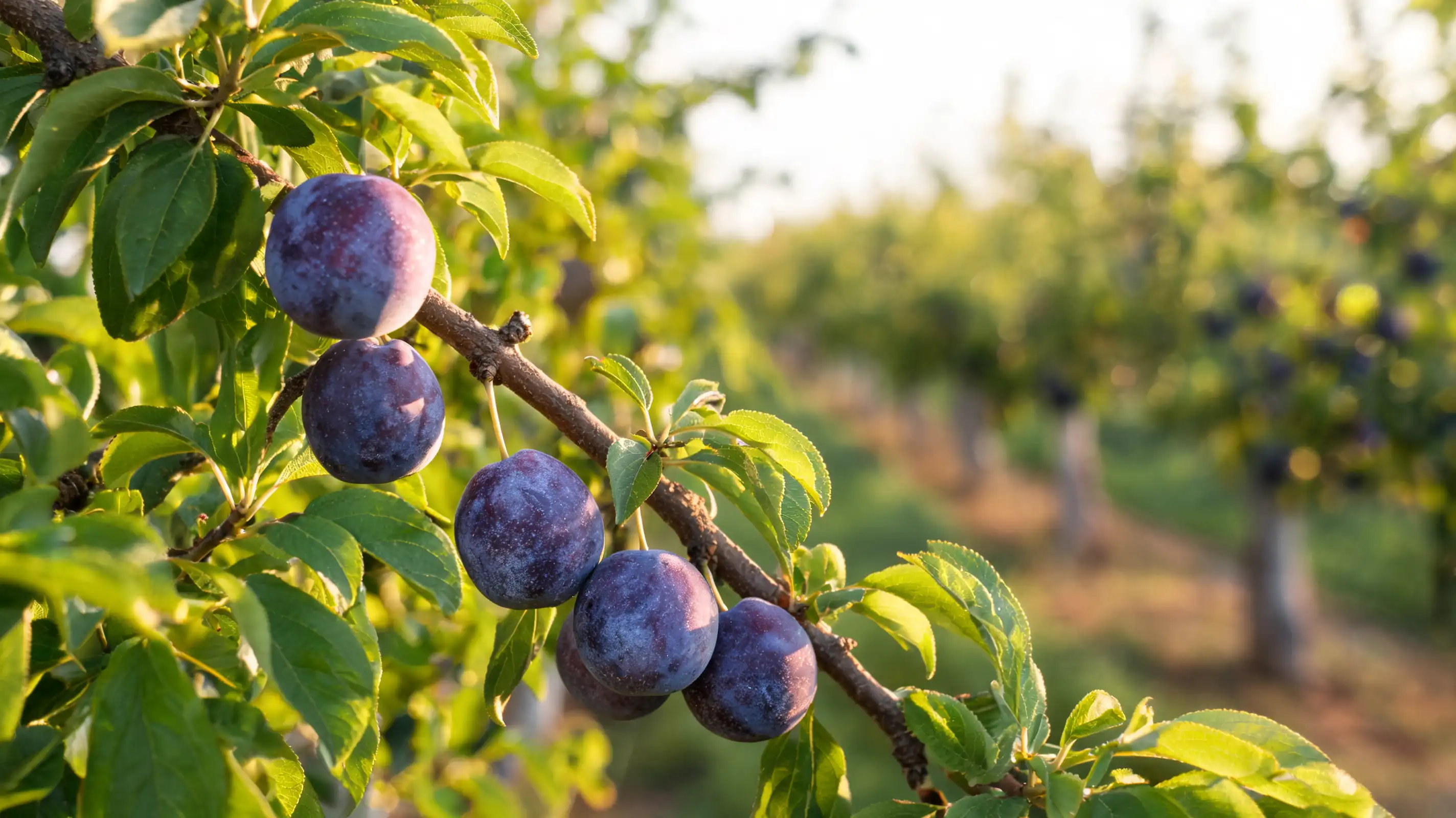 ripe purple plums hanging on a plum tree