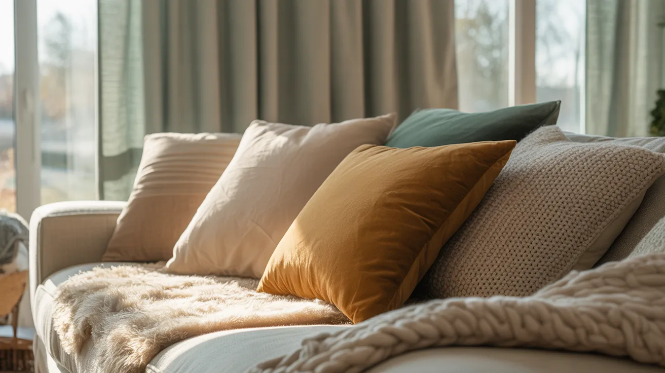 room interior showcasing the perfect balance of textiles and comfort elements in soft, natural lighting