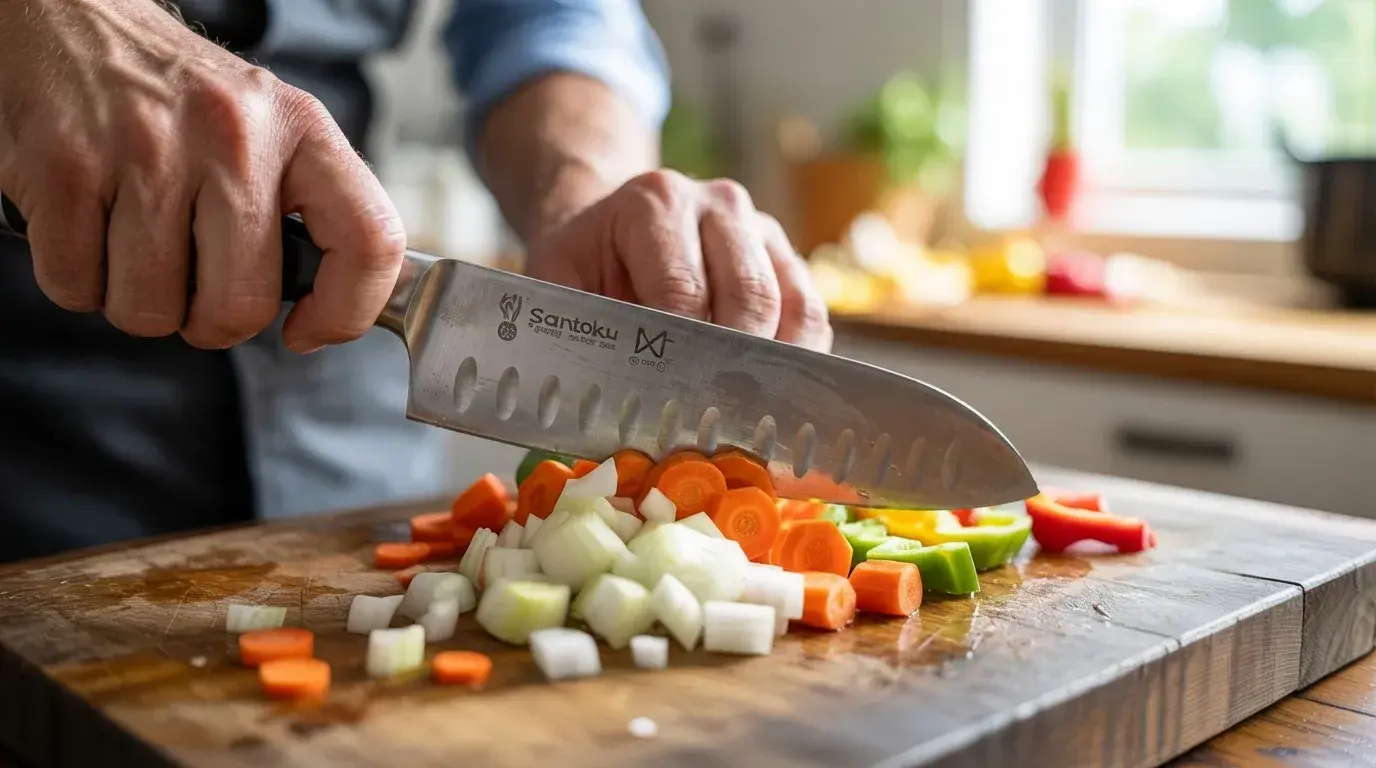 santoku knife chopping vegetables on wooden board with clean setup showing controlled straight cutting motion in everyday kitchen use (1)