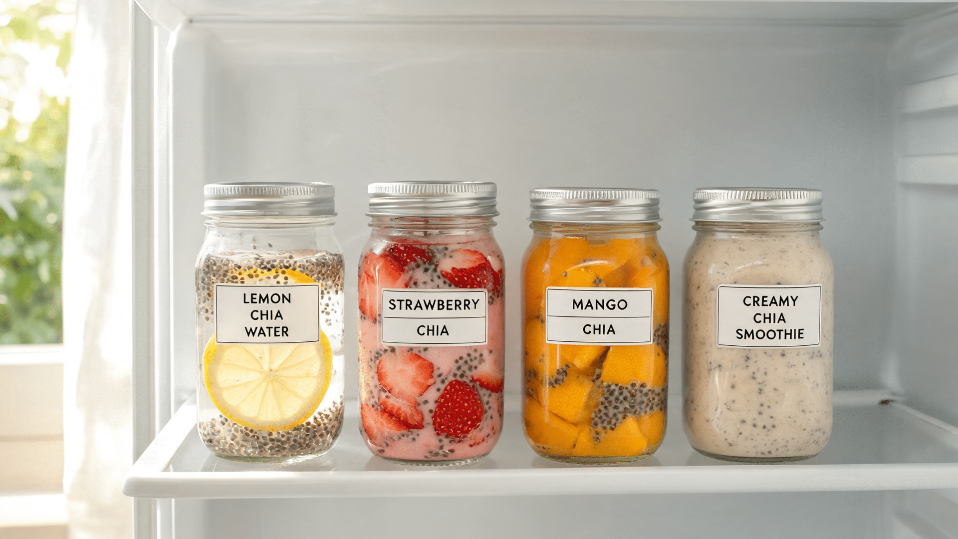 sealed chia seed drinks in jars with fruit, smoothie, and lemon water stored in a fridge or kitchen setting