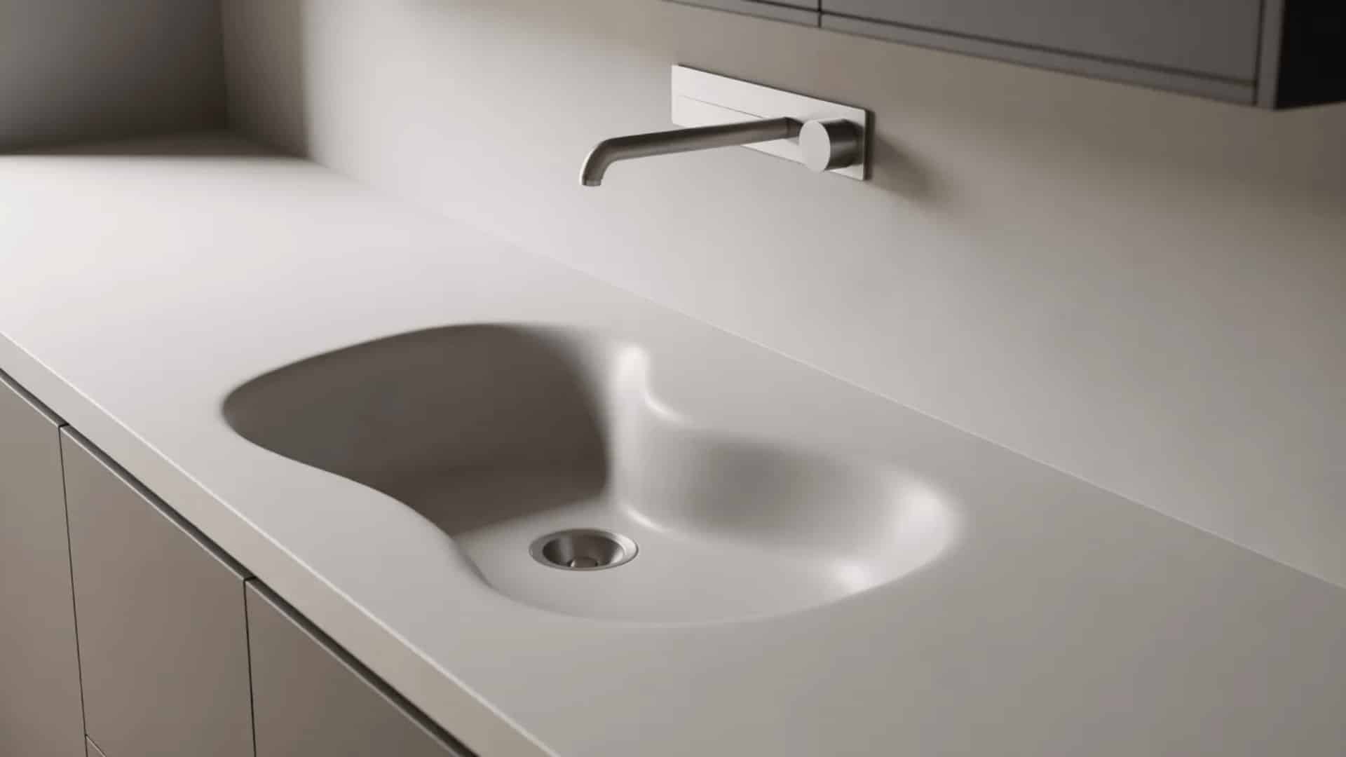 seamless matte white integrated sink flowing into solid surface countertop with wall-mounted faucet in modern handleless kitchen