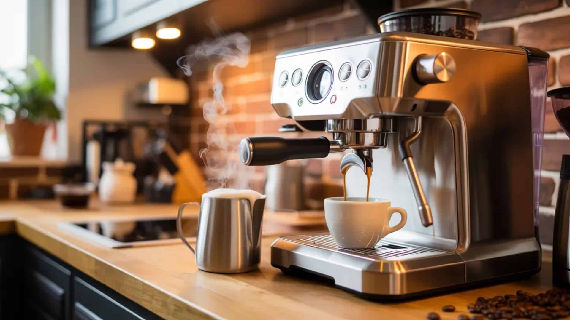 semi-automatic espresso machine like the Breville Bambino Plus or Gaggia Brera in a cozy kitchen setting