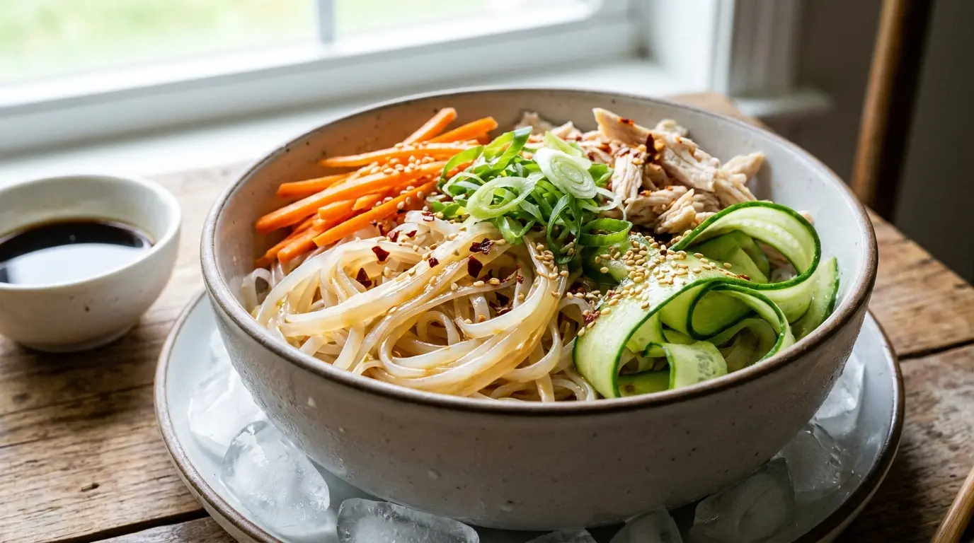 sesame garlic cucumber noodle bowl with carrots scallions chicken and light dressing