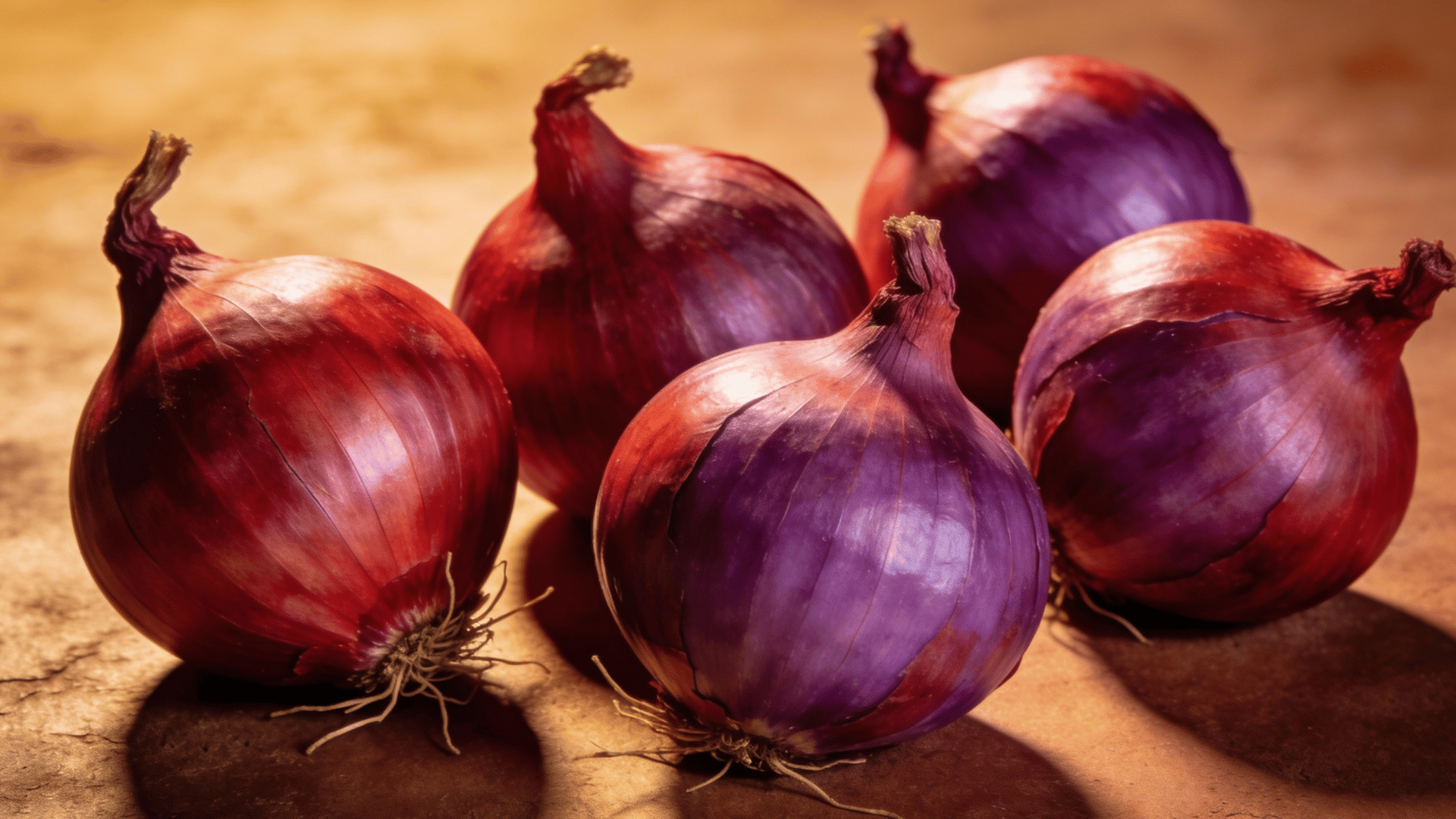 shallow depth of field shot shows a cluster of five purple onions arranged on a textured, brown surface.