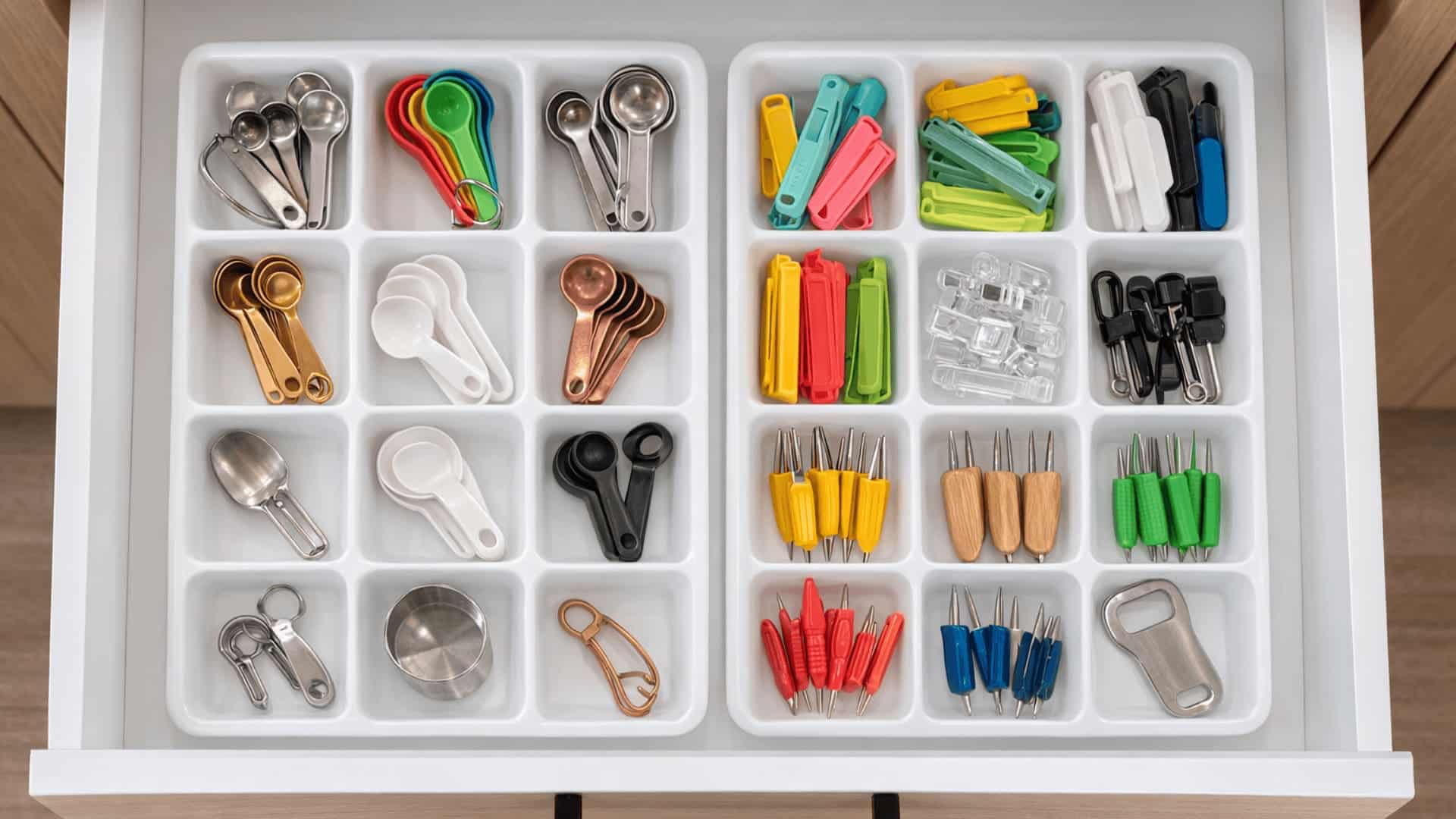 shallow kitchen drawer with two white ice cube trays holding small tools like measuring spoons, bag clips, and corn holders
