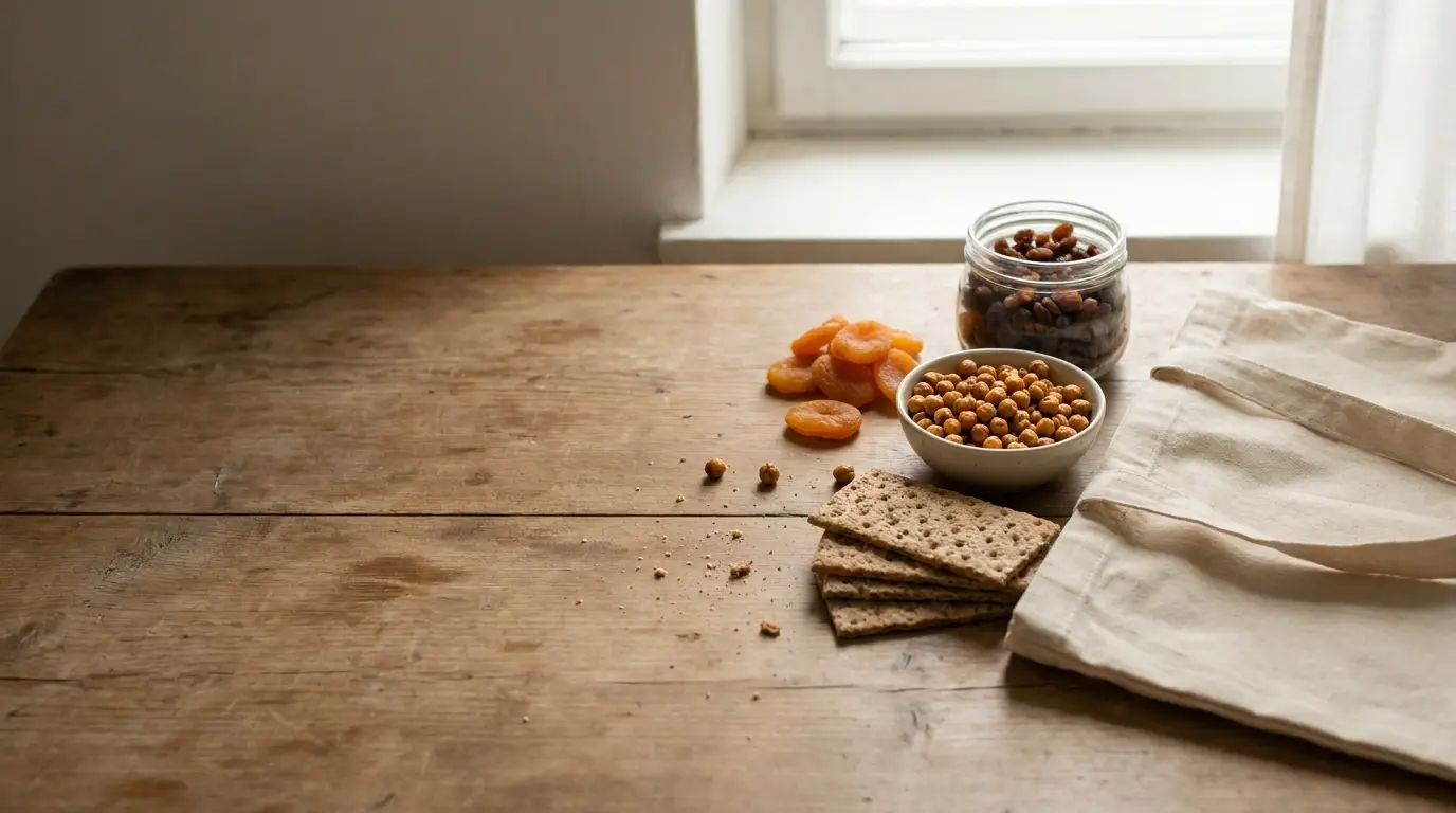 Dried fruits, crackers, and roasted chickpeas on rustic wooden table near canvas bag