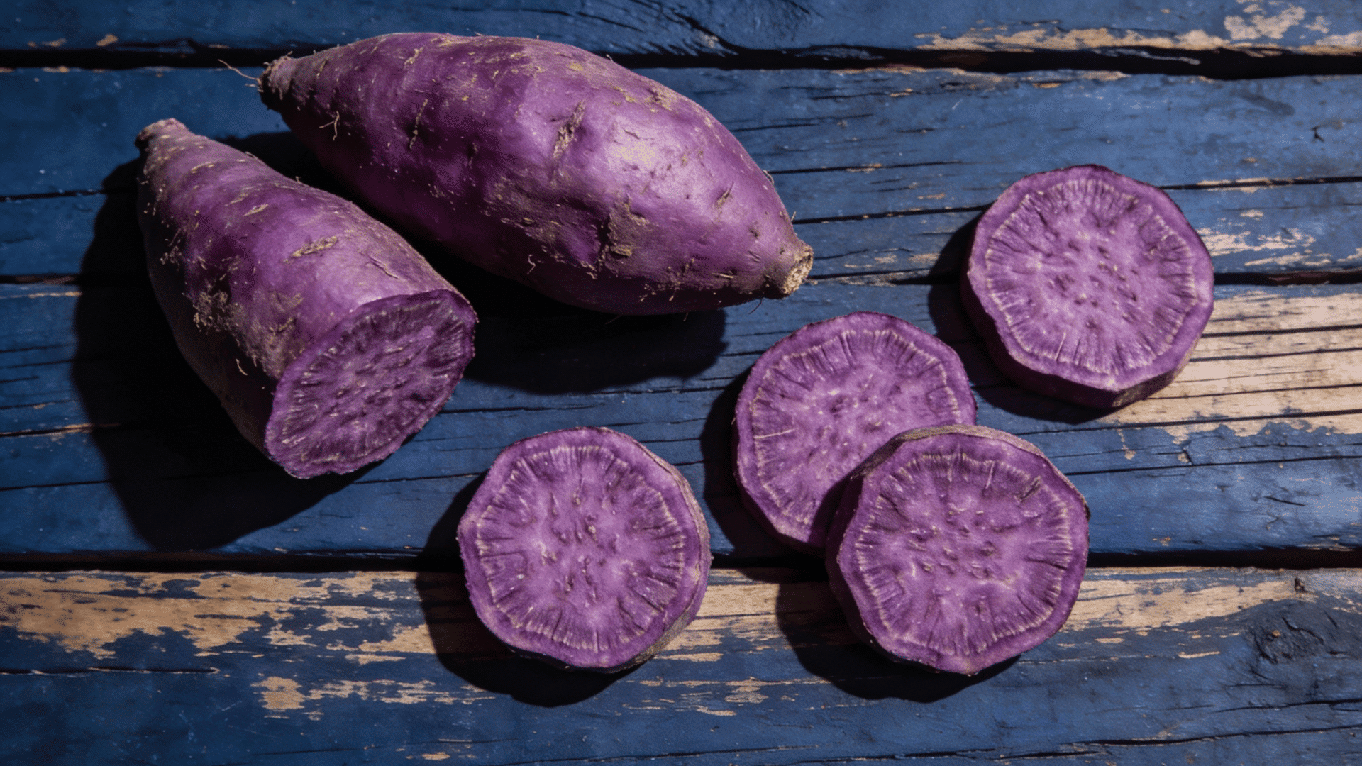 shot shows two whole purple sweet potatoes and slices of purple sweet potato arranged on dark blue wooden surface