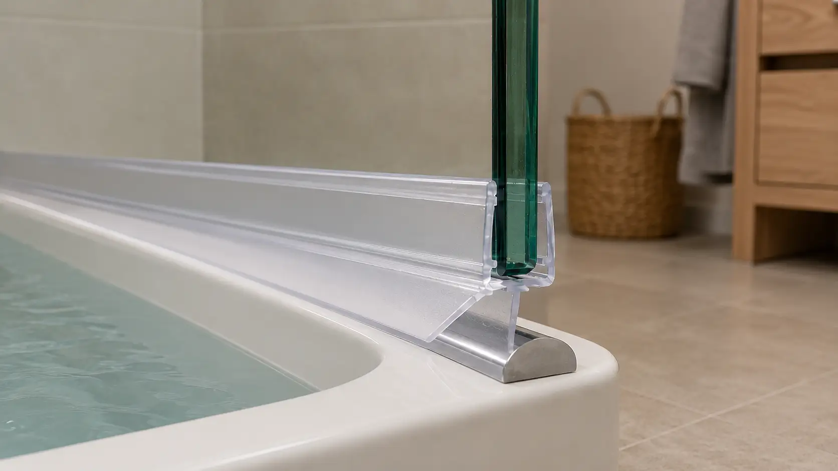 Bathtub with glass shower screen and chrome detail in modern bathroom setting