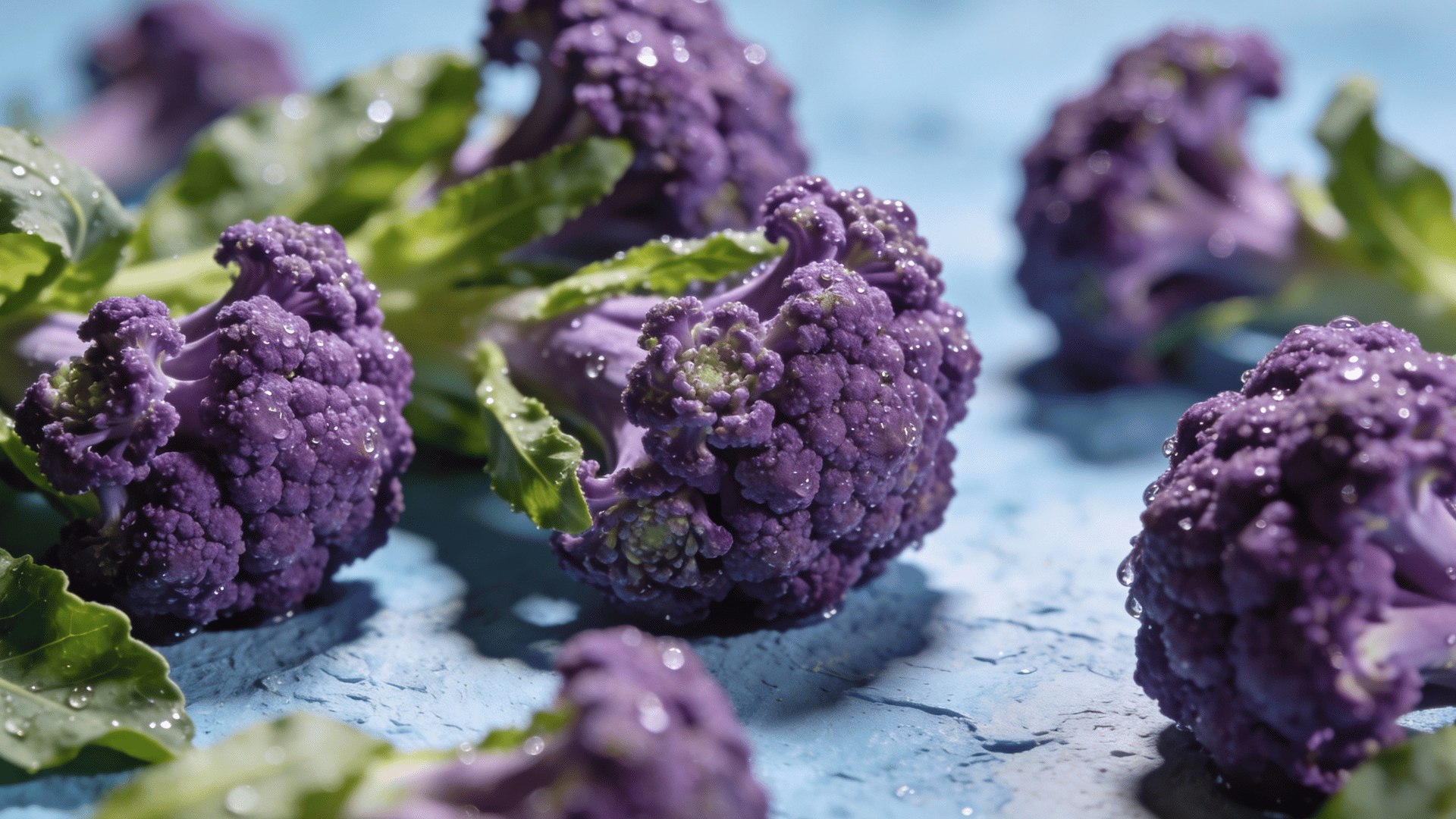 shows a bunch of purple broccoli florets and stems resting on a textured, light blue surface.