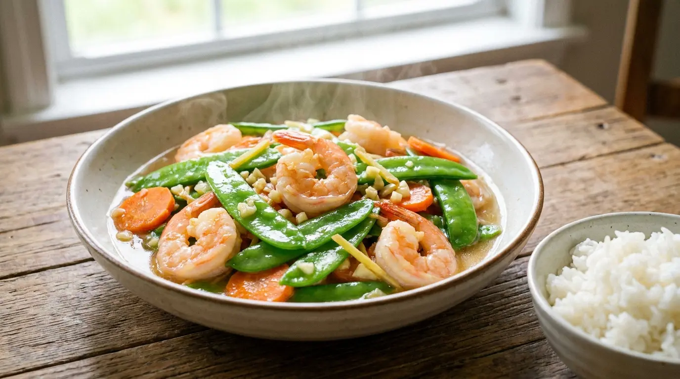shrimp and snow pea stir fry with carrots garlic ginger and light sauce in a clean bowl