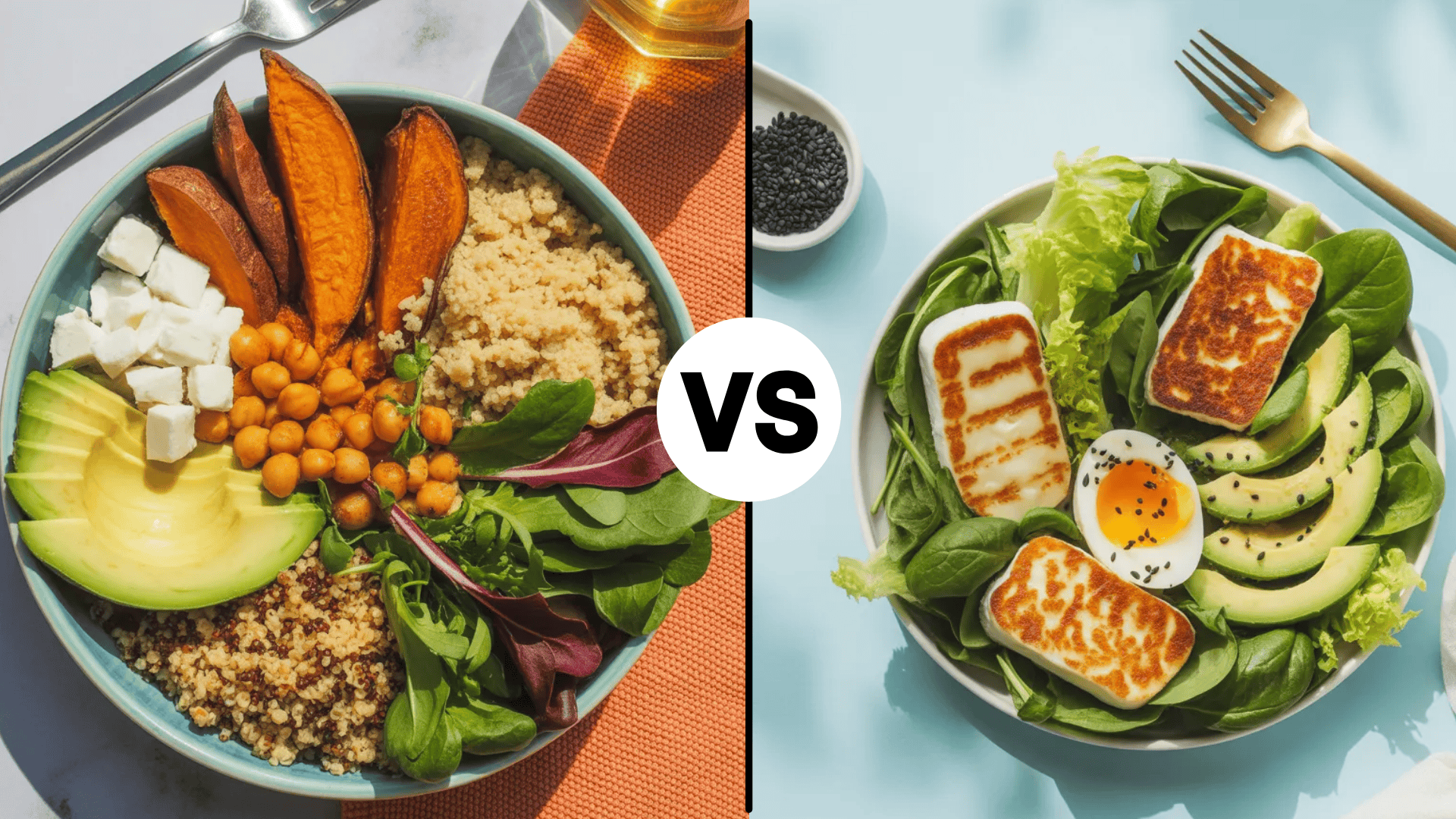 side-by-side comparison of mediterranean and keto meals showing plant-based variety versus low-carb, high-fat food choices