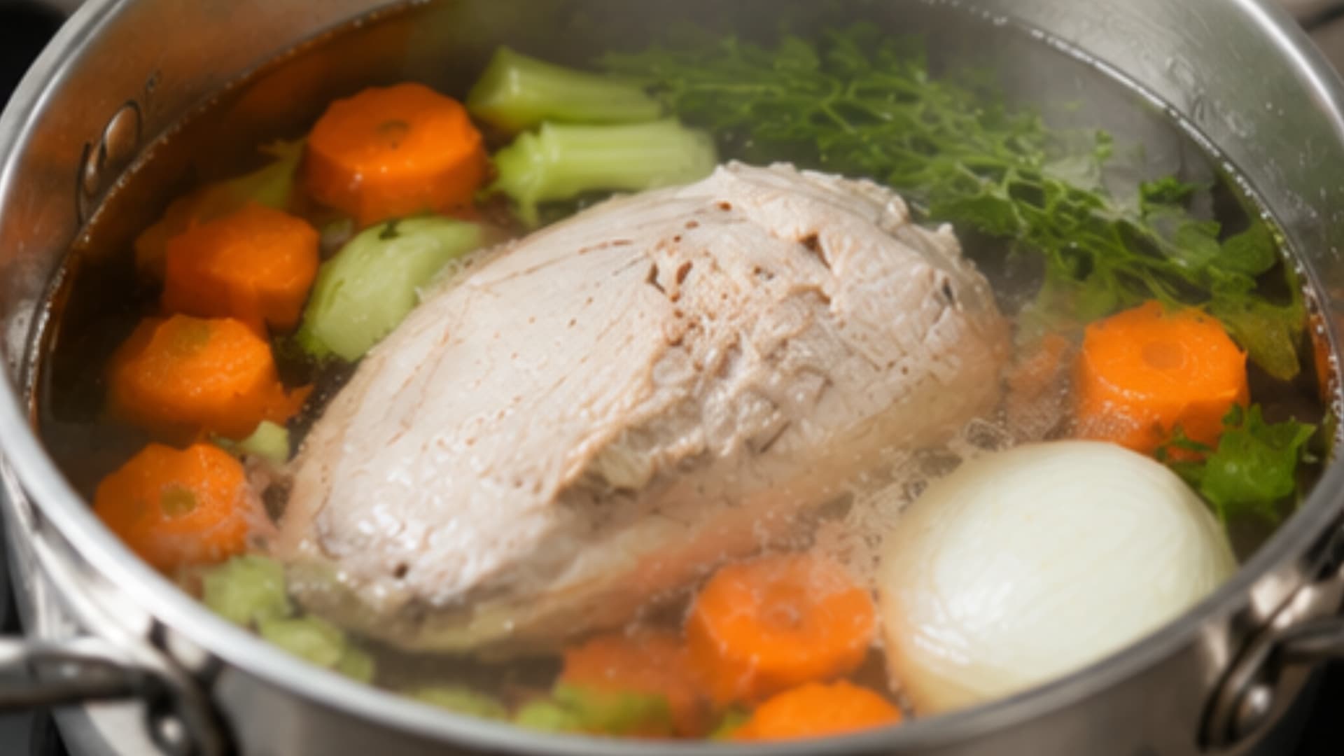 simmer vegetables or meat in water slowly to extract flavors and build a light clear broth