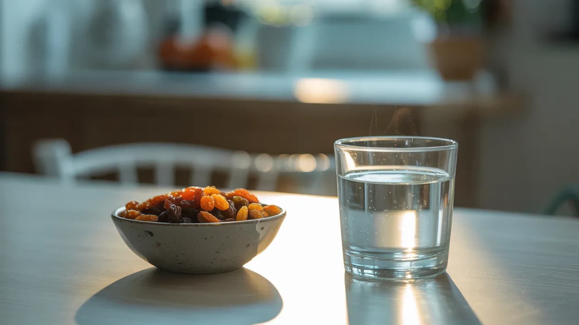 simple breakfast scene with a small bowl of raisins and a glass of warm water with slight steam, placed on a clean table