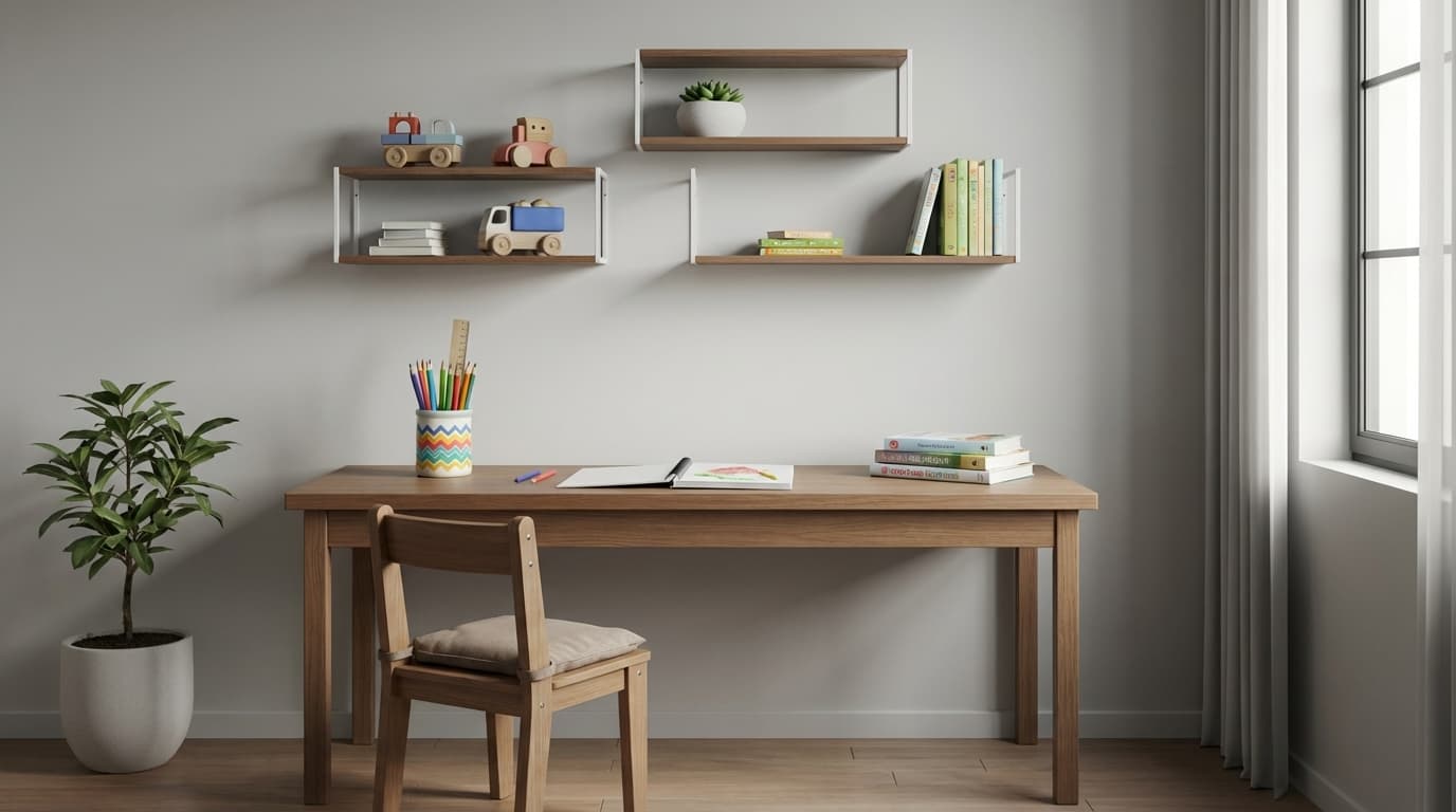 simple desk with a pencil cup, notebook, and a few materials, keeping the space uncluttered and focused