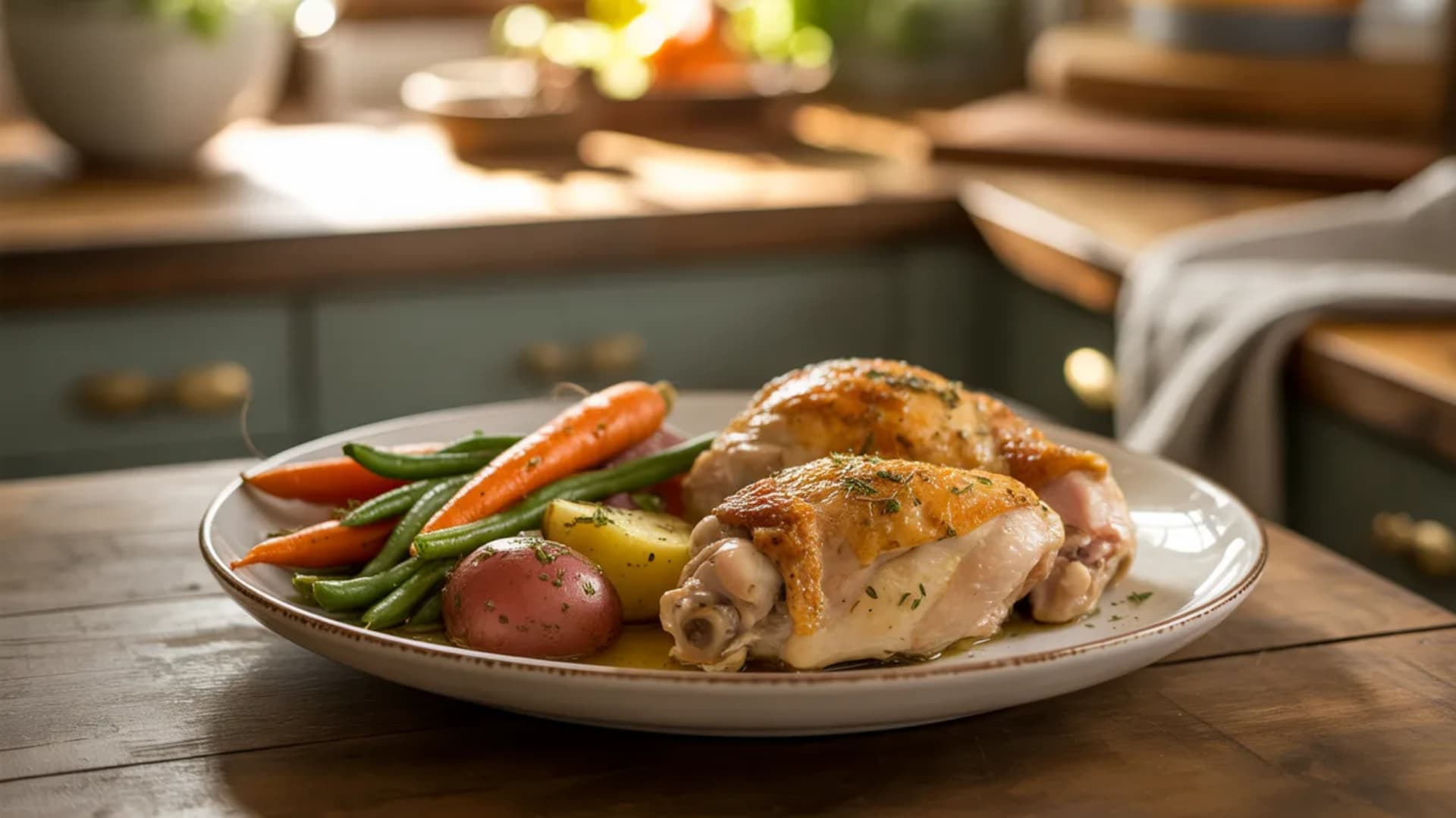 simple dinner plate with chicken thighs and vegetables, cozy home setting, warm lighting