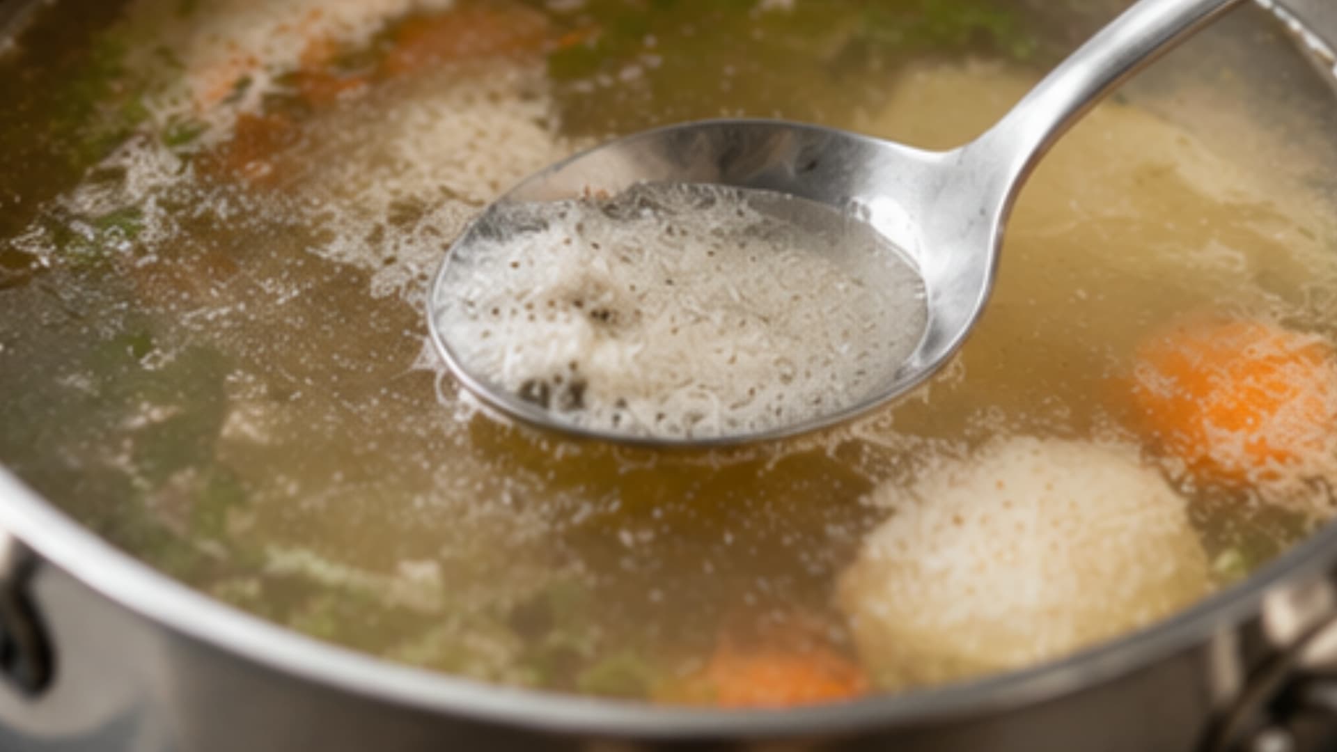 skim impurities from surface while soup simmers to keep broth clean and transparent pure