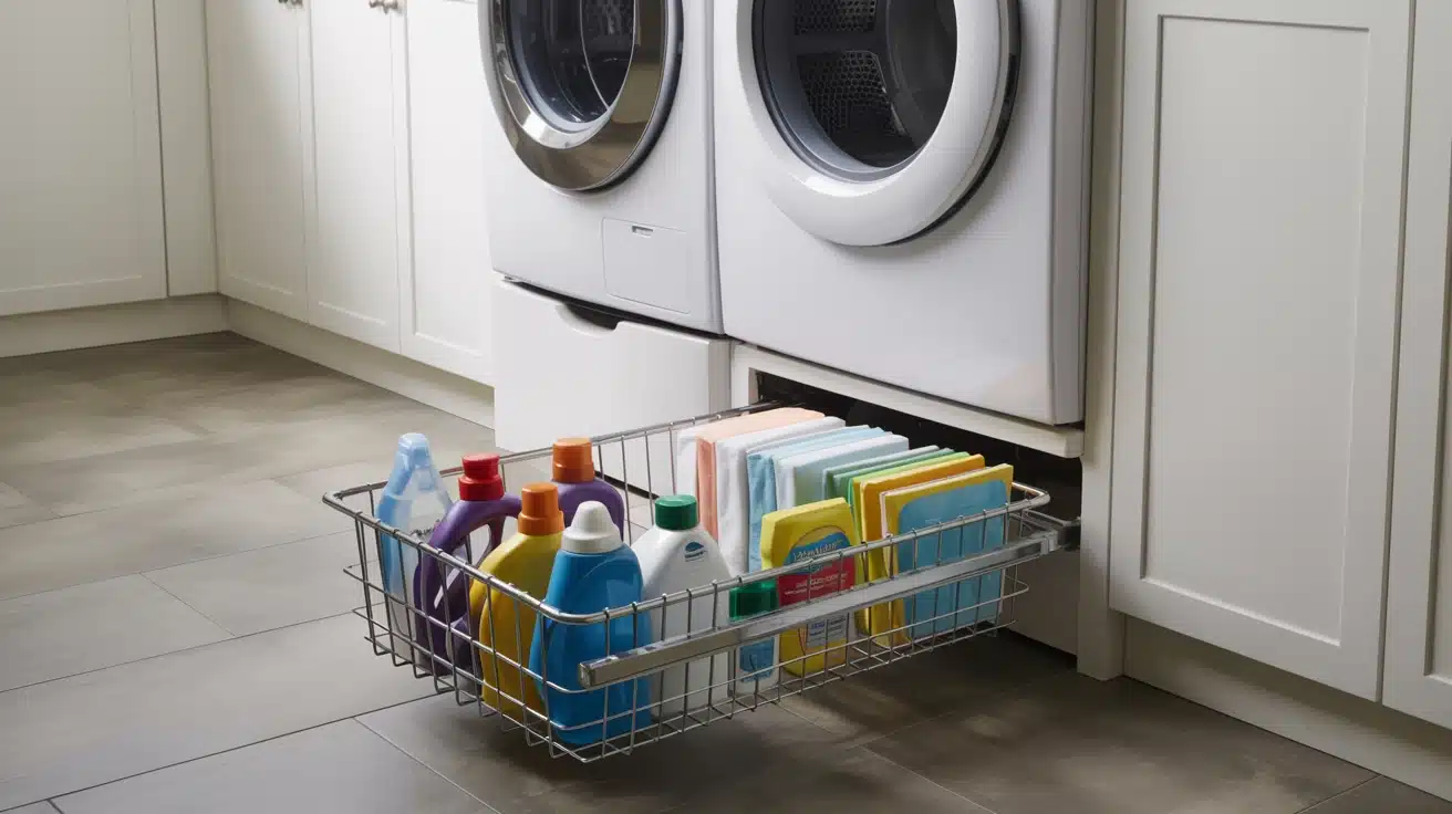 slide-out baskets under the washer and dryer, providing hidden storage for laundry essentials like detergent and sheets.
