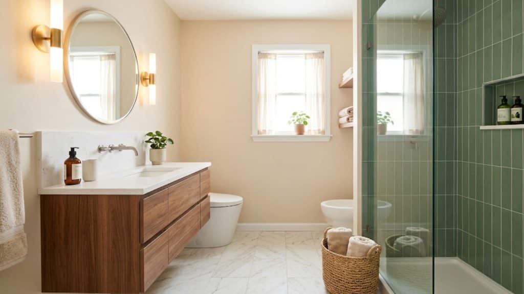 small bathroom featuring a floating wood vanity, large round mirror, vertical green shower tile, and bright, light-reflecting neutral walls