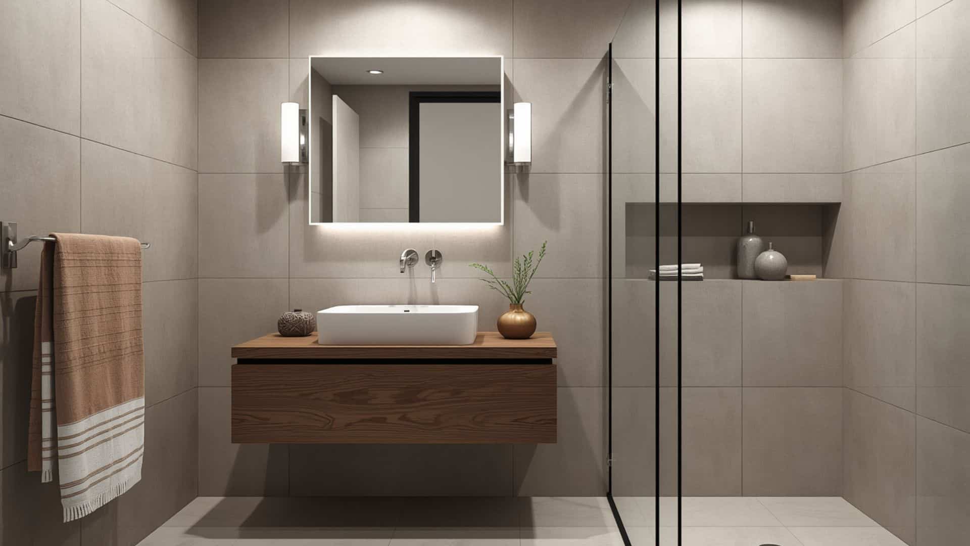 small bathroom with plain neutral tile, floating vanity, recessed medicine cabinet, frameless glass shower, hidden storage, limited decor, calm clean layout