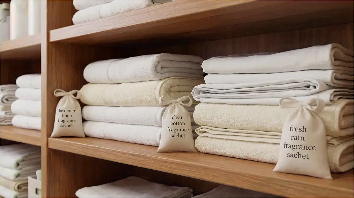small fragrance sachets placed on laundry room shelves between folded towels with fragrance written on them to keep items fresh