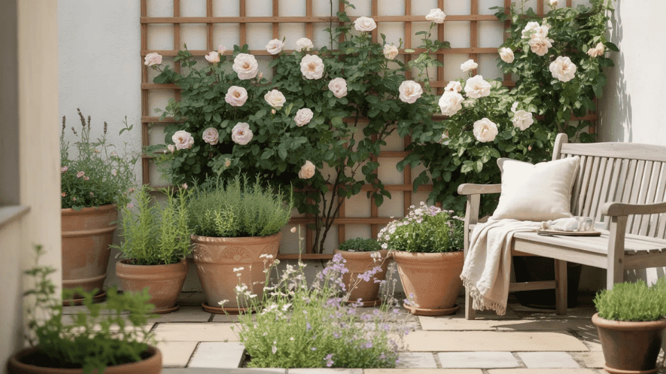 small patio with climbing roses terracotta pots weathered bench and wildflowers growing between neat paving stones